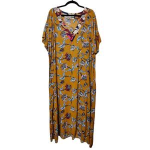 TNS Tennis Small Gold Floral Oversized Kaftan Maxi Dress Tropical Colombian